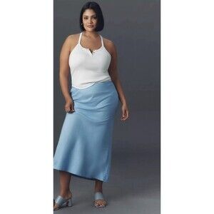 Anthropologie Tilda Maxi Slip Skirt Blue Linen Resort Vacay Preppy Large NWT